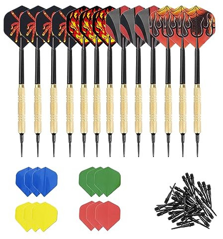 GOIEHIR 12 Stück Dartpfeile mit Kunststoffspitze, Dart Pfeile Set mit 24 zusätzlichen Flights 8 Motive, 100 Kunststoff Dartspitzen Zum Austauschen