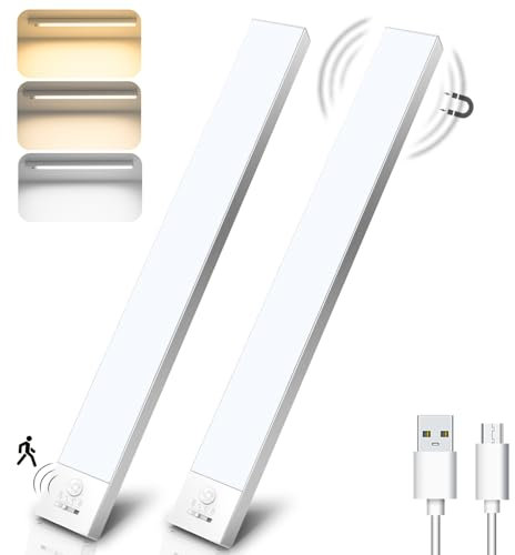 Unterbauleuchte Küche LED Schrankbeleuchtung mit Bewegungsmelder Innen 3Farbmodi Dimmbar 3000K/4000K/6500K,32cm 2Stück,LED Leiste Lampe Ohne Bohren USB Kabellos für Kleiderschrank/Treppe/Vitrinen/RV
