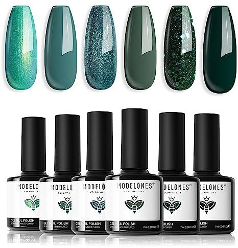 Modelones Smalto UV verde, verde scuro glitterato, 6 colori, gel set unghie nail art