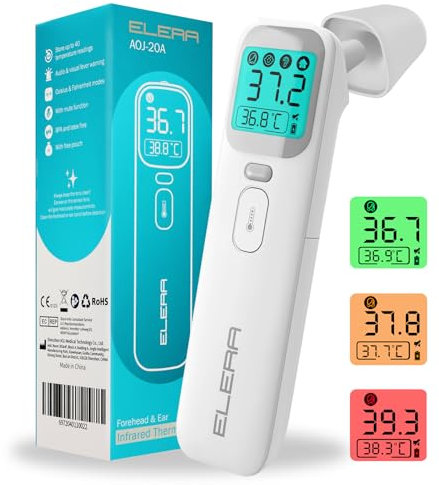 ELERA Fieberthermometer Ohr, Fieberthermometer Kontaktlos mit Vier Messmodi und Vierfarbiger Temperaturanzeige, Stirnthermometer Baby mit 1 Sekunde Messzeit und 40 Speicherfunktionen