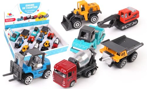 FLYPOP'S - Pack de 12 Véhicules de Chantier - Die CAST - 023884PA - Couleurs Assorties - Métal - Roues Libres - Jouet Enfant - Cadeau - Véhicules Roues Libres - Kermesse - 8 cm - À Partir de 3 Ans