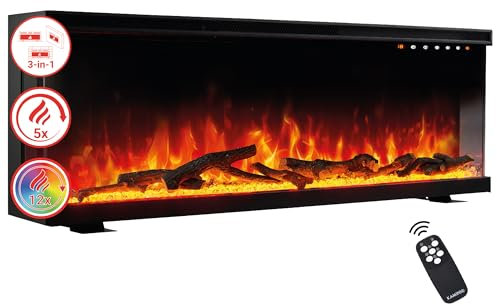 KAMINIO Camino elettrico LEA - Caminetto 3-in-1 con vista panoramica, riscaldamento, effetto fiamma 3D, 12 colori di fiamma, telecomando (50 pollici)