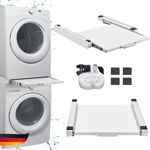 DELUKE® Verbindungsrahmen für Waschmaschine/Trockner mit Ablage LEO - 60cm Breit UNIVERSAL | Spanngurt + Gummipads | Zwischenbaurahmen Waschmaschinen Trockner Zwischenbausatz Waschmaschinenzubehör