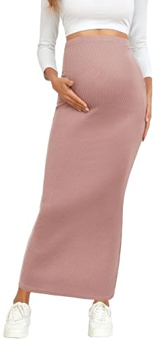 AISWI 2024 Maternity Adjustable Waist Rib Knit Maxi Skirt Over The Belly Stretchy Pregnancy Long Pencil Skirts, Dusty Pink, M