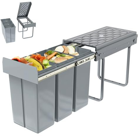 AufuN Poubelle encastrable - Poubelle de cuisine - Système de tri sélectif - 3 compartiments extensibles - 3 x 10 l - Extension complète avec rails télescopiques - 48 x 26 x 42 cm (L x l x H) - Gris