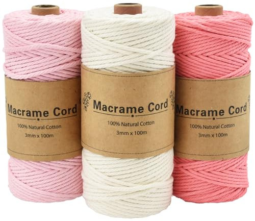 Coriver 3 Stück Makramee Garn, 3mm x 100m Macrame Cord, Makramee Schnur, Makrameegarn Kordel, Makrameegarn Starter Set für DIY Handwerk Weben Dekoration Hängepflanze Pflanze Aufhänger (2. rosa)