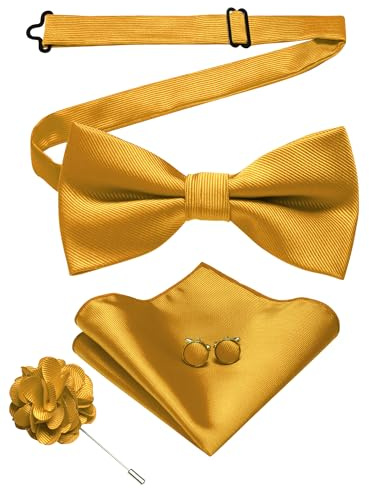 JEMYGINS Herrfluga av twill i uni med ficka fyrkantiga manschettknappar och blommor arrangemang presentset för fester affärer och bröllop, GUL, M