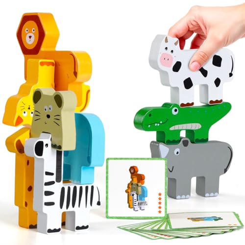 Montessori Toys for 1 2 3 Year Old Boys Girls Gifts: Wooden Animal Stacking Toys for Toddlers - Building Blocks Toys for Infants Age 2 3 4 - Birthday Gifts for 1 2 3 Year Old Boys Girls Presents