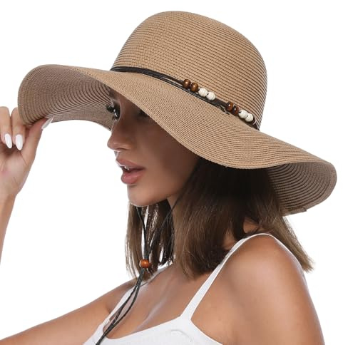 Creekstone Cappello da Sole da Donna in Paglia, Floppy Cappello da Spiaggiaa Estivo a Tesa Larga, UPF 50 UV Protezione Solare, Ripiegabile, Senza Rughe (IT, Testo, M, Kaki)