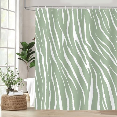 Dazzlewall Sage Green Striped Shower Curtain, Geometric Abstract Pattern Bathroom Curtain 180x180cm, Waterproof Mould Resistant Fabric with 12 Hooks