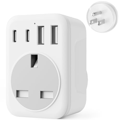 UK to USA Plug Adapter, US Travel Adapter with 2 USB &2 USB C Ports, 5 IN 1 American Plug Adapter from UK to USA, Canada, Thailand, Mexico, Colombia,Type B