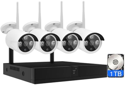 XNASU 8CH 3MP HD Sistema De Cámaras De Seguridad WiFi Inalámbrico con 2T HDD, WiFi Inalámbrico Kit De Vigilancia Doméstica NVR con 4 Cámaras, con Audio Visión Nocturna, Detección De Movimiento