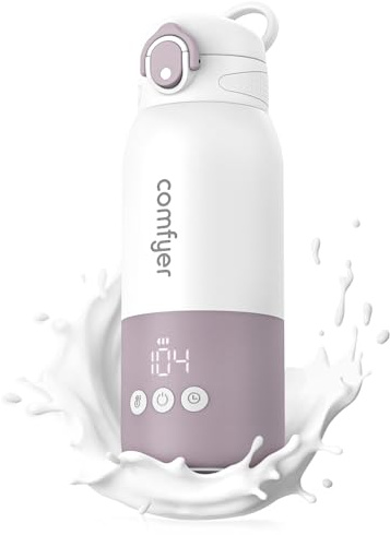 Comfyer Calienta Biberones Portatil para Viaje, Calentamiento Rápido y Larga Duración de la Batería, 2 Modos para Leche Materna y Agua, 340ml de Capacidad para Viajes Morado y blanco