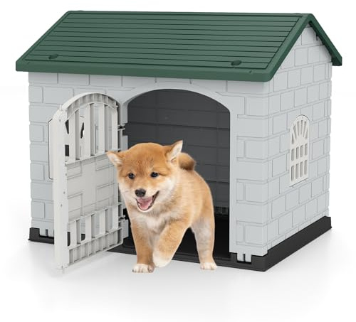 GOPLUS Niche pour Chien Exterieur XXL en PP, Cabane Chien Imperméable&Ventilé, Maison pour Chiot Interieur avec Porte, 3 Fenêtres, Toit Incliné, Plancher Surélevé (Vert, 75x58x65CM)