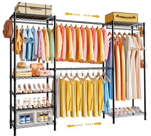 Uptyia Perchero Extensible Resistente para Ropa (170-220)*35.5 * 180cm,Organizador de Metal para Armario,Sistema de Almacenamiento para Ropa Independiente con 6 Estantes y 2 Barras Colgantes
