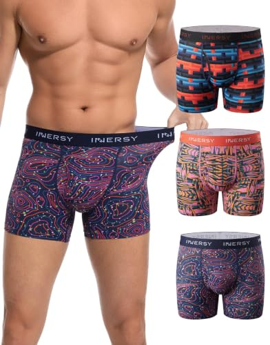 INNERSY Mäns kalsonger snabbtorkande kalsonger män med gylf andas retroshorts 3-pack, 3 färgglada mönster, L