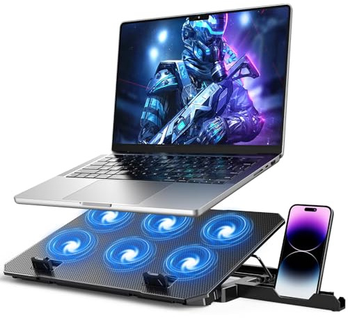 Laptop kyldyna, 6 tysta fläktar gaming laptop-kylare för 12-17 tum bärbara datorer, 5 justerbara höjder smal USB-driven kylare med 2 USB-portar och telefonhållare (svart)