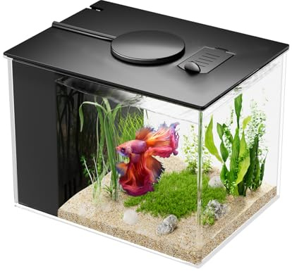 Vehipa 3,7L Acuarios pez Beta Completas, Pequeña Acuario de Acrílico con Bomba de Filtro de Agua y Luz LED, Ideal para Peces Pequeños, Gambas y Plantas (Negro)