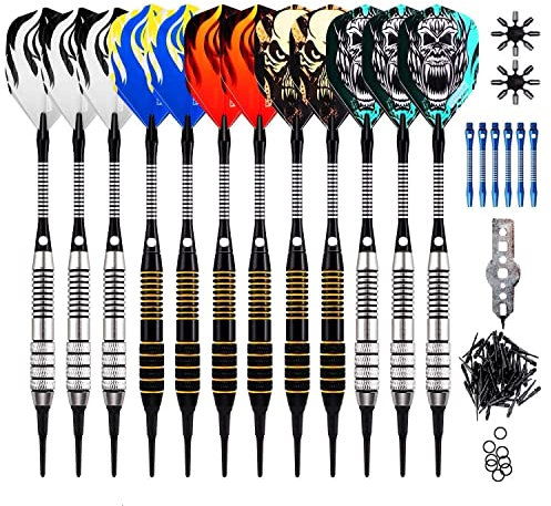 ONE80 Soft Tip Darts Set, 16grams, 12 Pack Steel/Brass Barrel, with Extra Flights, Aluminum Shafts, Flight Protectors and Tool Kit