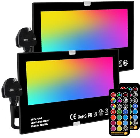 Mobri 50W LED Floodlight Outdoor, Colour Changing Flood Lights with Remote Control, 12 RGB Colours, Timing, 4 Modes, IP66 Waterproof, UK 3-Plug, 2 Pack