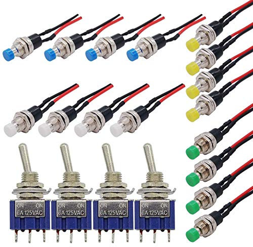 GTIWUNG 16Pcs Pre Cableado Mini Interruptor,Momentáneo de Botón 1A 250V AC Resorte con Dos Pines SPST Normalmente Abierto + 4Pcs Mini Interruptor de Palanca AC 125V 6A ON-ON