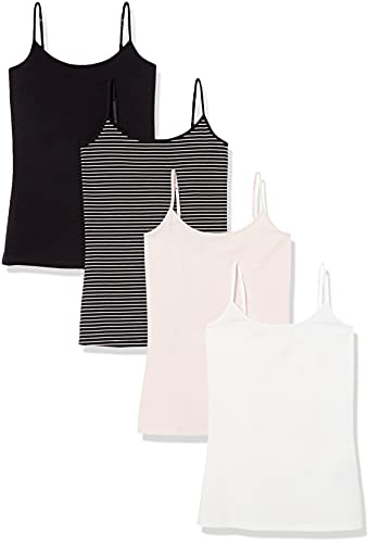 Amazon Essentials Canottiera da Donna Slim Fit, Confezione da 4, Nero/Rosa Pallido/a Righe/Bianco, L