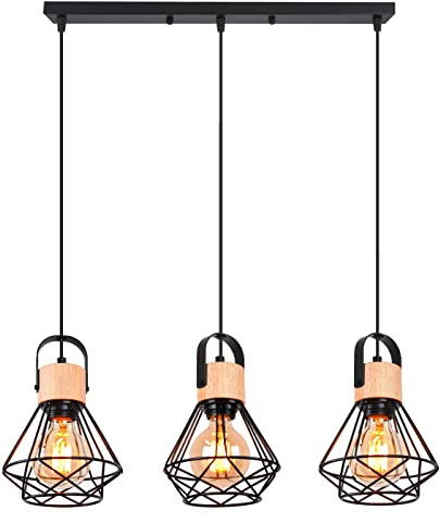 iDEGU 3 Luces Lámpara Colgante Vintage 16cm Lámpara de Techo de Madera Metal Diseño de Jaula Creativo Pantalla Negro E27 Iluminación de Interior Luz Colgante para Comedor Salón (Araña 3 Luces, Barra)