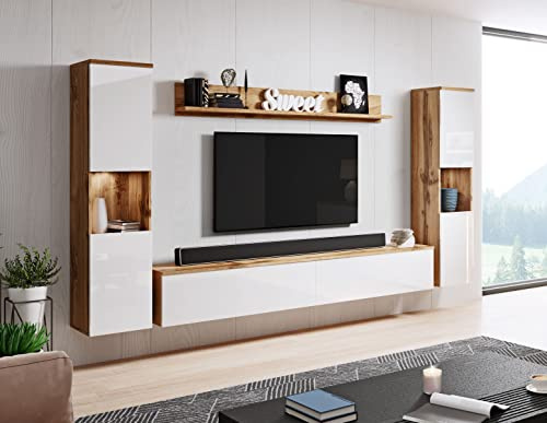 Ensemble de meubles de salon PIASKI Paris XL, Éclairage LED en option, Ensemble de meubles de salon, Meubles de salon modernes (Wotan/Blanc Lumineux)