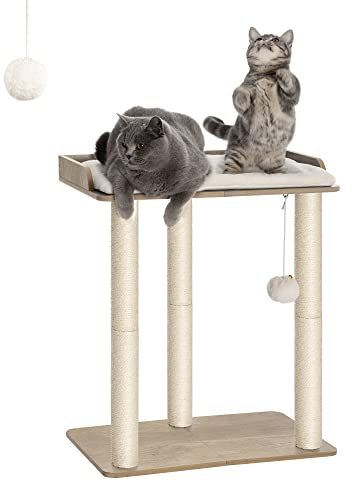 FourFurPets Kratzbaum, 68 cm hoch, Katzenbaum,mit DREI 60 cm Voll Sisal Kratzsäulen, 56 x 40 cm große Plattformen, Greige