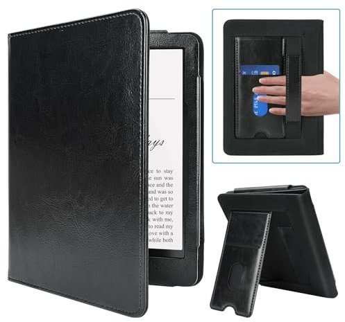 MMK Hülle für 7/6,8 Kindle Paperwhite (12th/11th Generation-2024/2021), PU Leder Kickstand Schutzhülle mit Kartenfach Handschlaufe, für Kindle Paperwhite Signature Edition, Schwarz