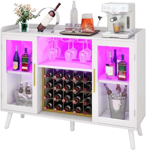 DWVO Wine Bar Cabinet with Led Lights & Power Outlets, 53 Coffee Bar Cabinet for Liquor and Glasses, Modern Buffet Sideboard with Storage for Kitchen, Dining & Living Room, White
