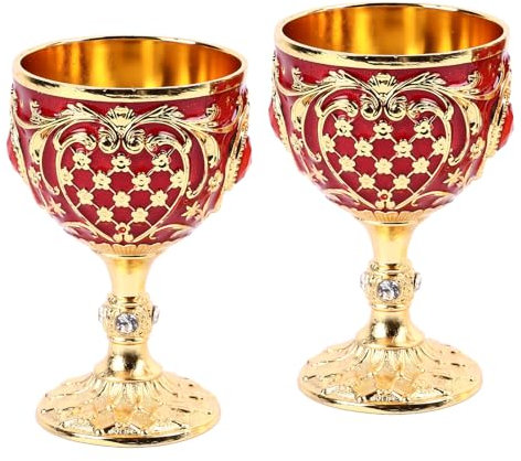 Tnfeeon Vintage Goblets Gold Jeweled Goblet Vintage Zinc Alloy Chalice Goblet King Queen Party Cup Medieval Decorations for Halloween Drinking Decor Supplies (Gold Red)