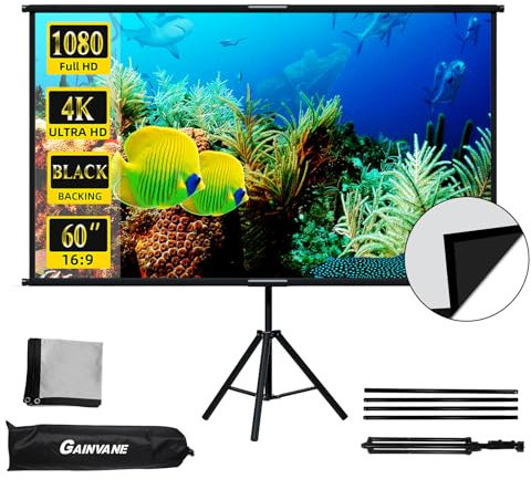 Beamer Leinwand mit Stativ 60 Zoll, Indoor-Projektionsleinwand mit schwarzer Rückseite, 16:9 HD Premium faltenfreie Stativleinwand für Schlafzimmer RV Movie Night