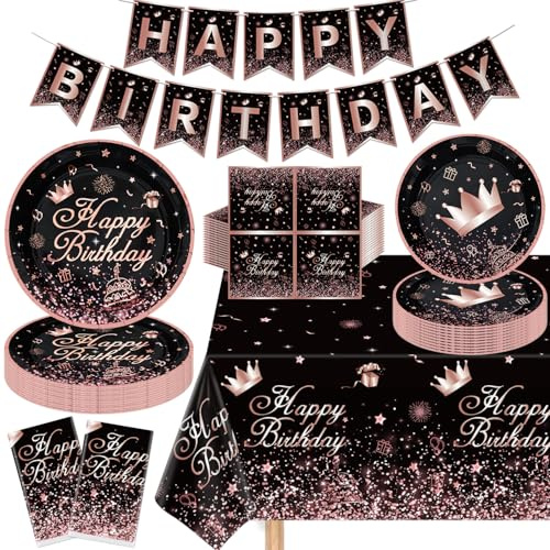 123 Pack Black and Rose Gold Party Supplies Pink Birthday Party Decorations Set Black Rose Gold Happy Birthday Supplies Include Plates, Napkins, Banner, Tablecloth for 40 Guests
