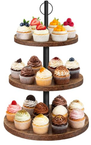 OugeWood Cupcake Stand, 3 Tier Cupcake Stand Rustic Dessert Table Display Set Wood Cupcake Tower Cake Stand Tiered Tray Stand for Wedding Birthday Baby Shower 1 Pack