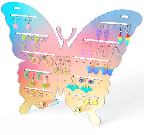 NiHome Ohrringständer aus irisierendem Acryl, Ohrringhalter mit 50 Löchern & 54 Schlitzen, Schmetterlingsdesign, Wand- oder Tischaufhängung Ohrring ständer, Ohrring Organizer mit Kristallstützen