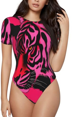 ZHONGSK Zebra Tiger Leopard Pink- Women'S Onesie Short Sleeve Bodysuits,Leotard Top,Romper Body Suits - Round Neck,Stretchy,Slim Comfortable Fit