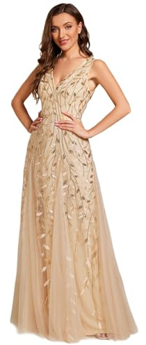 Ever-Pretty Vestido de Noche para Mujer Cuello en V Lentejuelas Invitadas de Boda Largo Sin Mangas Cintura Imperio Formal Fiesta Oro 38