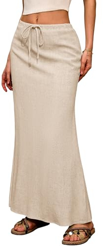 ELLEVEN Linen Maxi Long Flowy Skirt for Women Trendy Summer with Slit Elastic Waist Drawstring Casual Beach Holiday Low Rise Cotton Sexy Curvy Boho Mermaid Skirts Floor Ankle Length Beige Large