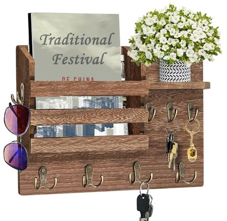 wintfarm Portachiavi, portachiavi con ripiano, cassetta portachiavi con 7 doppie, in legno tongmu, portachiavi in legno, per ingresso, corridoio, soggiorno, 34 x 22 x 8 cm