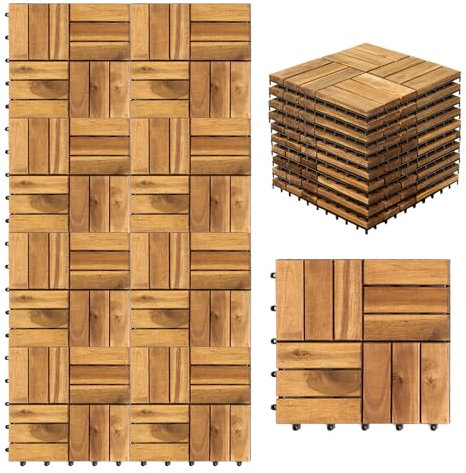 Fiqops Holzfliesen Balkon 30x30cm, Akazienholz Terrassenfliesen 11Stück 1㎡,Terassenboden Außen,Klickfliesen Terrasse Mosaik für Garten Patio,Balkon Bodenbelag (12 Latten)