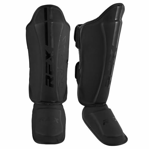 Rex Boxing Shin Guard Muay Thai Instep Leg Protector for Martial Arts, Kickboxing, BJJ, Karate, PU Leather reinforced MMA Shin Instep (FULL BLACK, S)