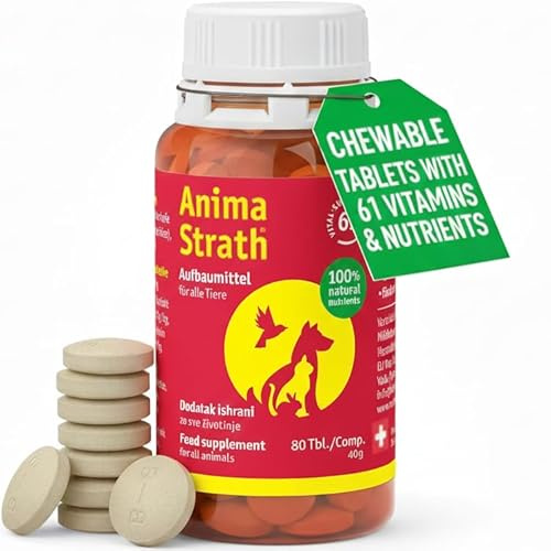 Anima Strath Chewable Tablets for Dogs & Cats - (80 Tablets) 61 Nutrients, Vitamins, Minerals, Amino Acids, Natural Immune System Canine Supplement for Digestion, Fur Coat & Skin