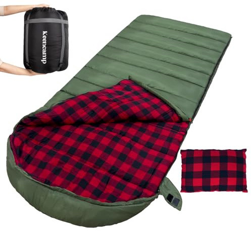 Keencamp Sacco a pelo per esterni, in flanella, caldo, 3-4 stagioni, fodera interna in cotone, XXL, portatile, leggero, invernale, campeggio, per adulti, 230 x 90 cm, verde oliva