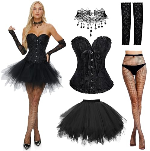 Joellfuner Halloween Deguisement Femmes, Corset et 76cm Jupe Tulle Noir, Gothique Overbust Top Bustier, Accessoires Carnaval Cosplay (FR/ES, Alpha/lettres, Moyen, Taille normale, Taille normale, B)