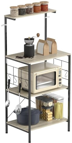 HOMCOM Étagère de Cuisine Support Micro-Ondes 60 x 42 x 134,5 cm Chêne | Étagère de Rangement, Panneau Grillagé, 8 Crochets, Station Bar à Café, pour Épices Casseroles Poêles