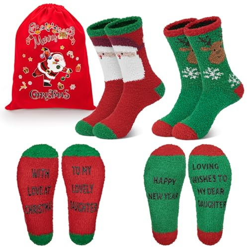 Softcozy 2 par fluffiga julstrumpor nyhet sängstrumpor varma termiska toffel sovstrumpor med halkskydd julklappar för familj, en storlek, Juldotter, one size