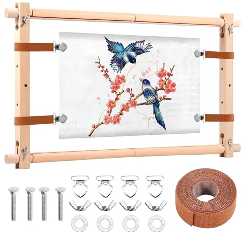 Elyyapt Embroidery Frame Adjustable Wooden Cross Stitch Frame Needlepoint Embroidery Tapestry Scroll Frames Needlepoint Stretcher Frames Square Punch Needle Holder for Embroidery, 21x12 inch