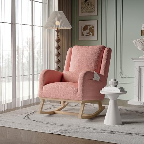 Aneutr Fauteuil à Bascule avec Oreiller Moelleux, Rocking Chair Allaitement en Velours Teddy, Chaise à Bascule, Fauteuil Rembourrés pour Chambre à Coucher, Salon, Bureau (Rose Rembourré)