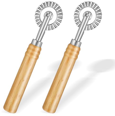 LIQWEI 2 PCS Pasta Cutter Wheel, Pastry and Pasta Cutter Wheel Pastry Ravioli Wheel Cutter With Long Wooden Handle for Ravioli Pasta Dumplings Lasagna Pierogi